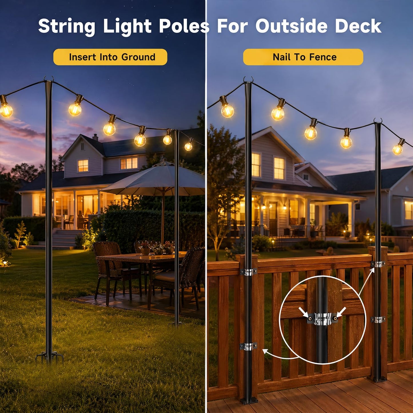 MuliVid 6 Pack 9FT String Light Poles for Outdoor,Metal Lights Hanging Pole Outside with Fork,Light Stand for Patio, Pergola, Garden, Backyard, Yard