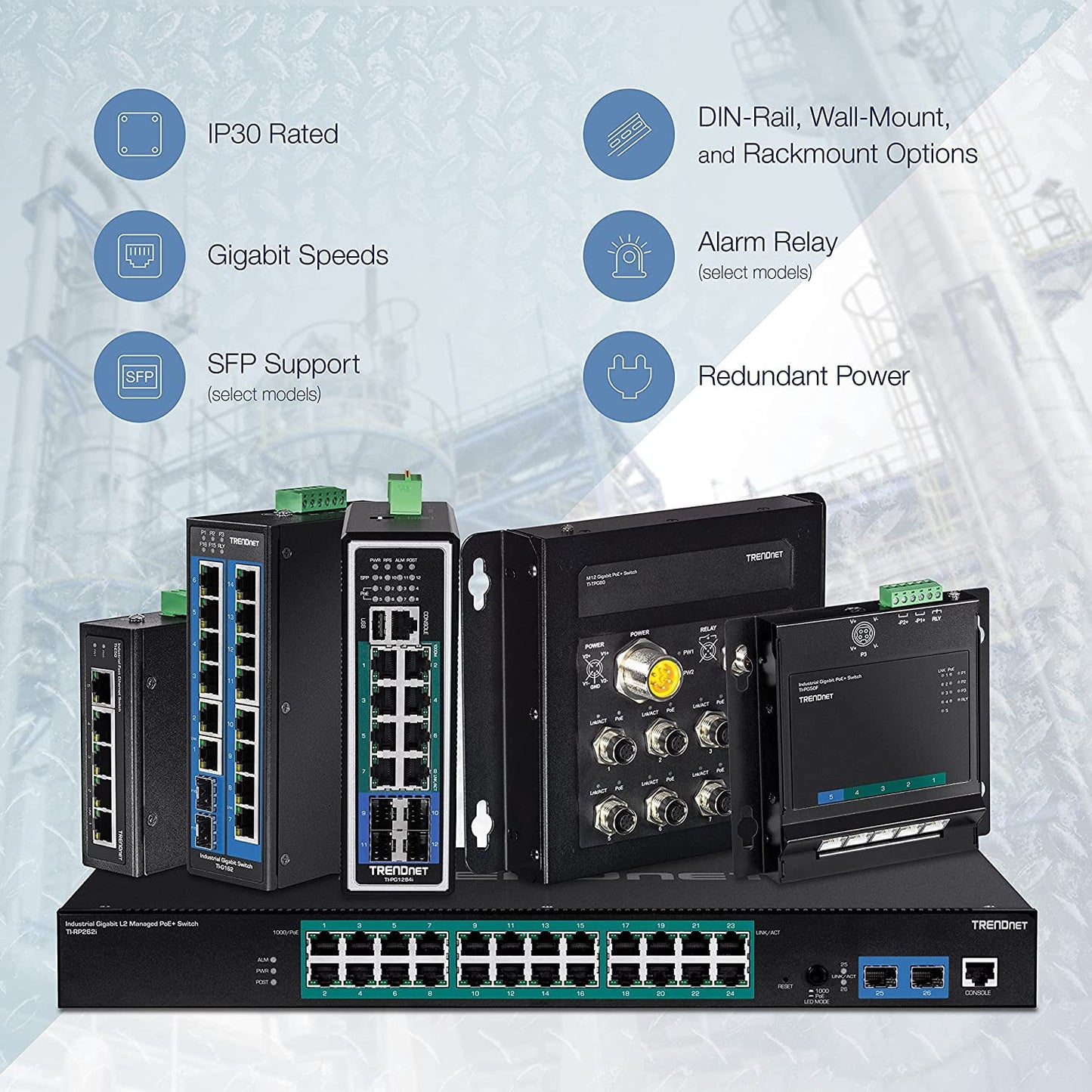 TRENDnet 5-Port Hardened Industrial Gigabit PoE+ DIN-Rail Switch, 120W Power Budget, 1 x SFP Slot, IP30 Rated, Unmanaged Switch, Gigabit PoE+ Network