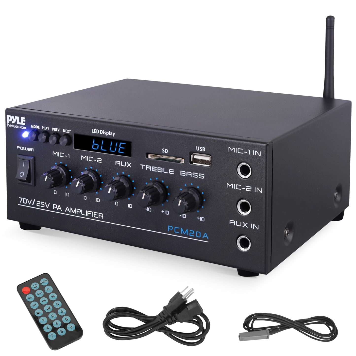 Pyle Compact Mini Home Power Amplifier - 40W Smart Small Audio Stereo Receiver w/ AUX 2 Microphone IN COM/8-Ohm/25V/70V Speakers LED Input Selector