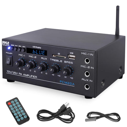 Pyle Compact Mini Home Power Amplifier - 40W Smart Small Audio Stereo Receiver w/ AUX 2 Microphone IN COM/8-Ohm/25V/70V Speakers LED Input Selector