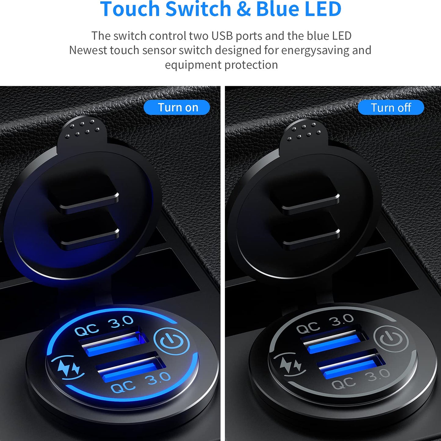 KEWIG Quick Charge 3.0 Dual USB Charger Socket Waterproof 36W 12V 24V USB Outlet Fast Charge with Touch Switch & Blue LED DIY Kit for Car Boat Marine