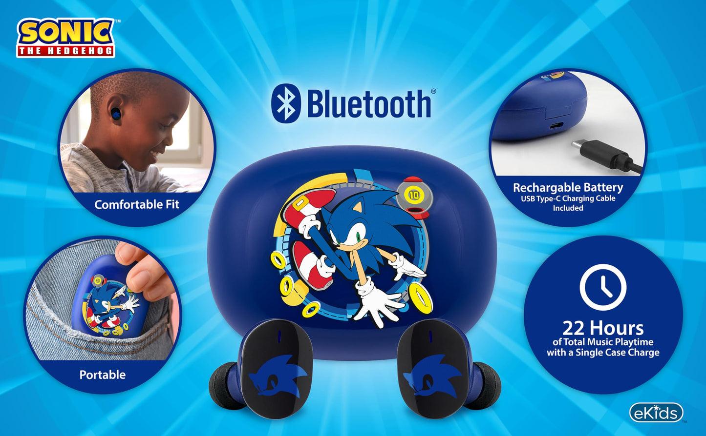 Sonic The Hedgehog Wireless Earbuds with Mic, Bluetooth Earbuds for Kids