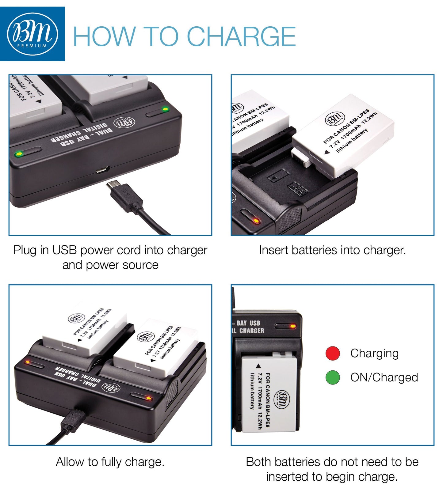 BM Premium 2-Pack LP-E8 Batteries and Dual Battery Charger Kit for Canon EOS Rebel T2i, T3i, T4i, T5i, EOS 550D, 600D, 650D, 700D DSLR Digital Camera