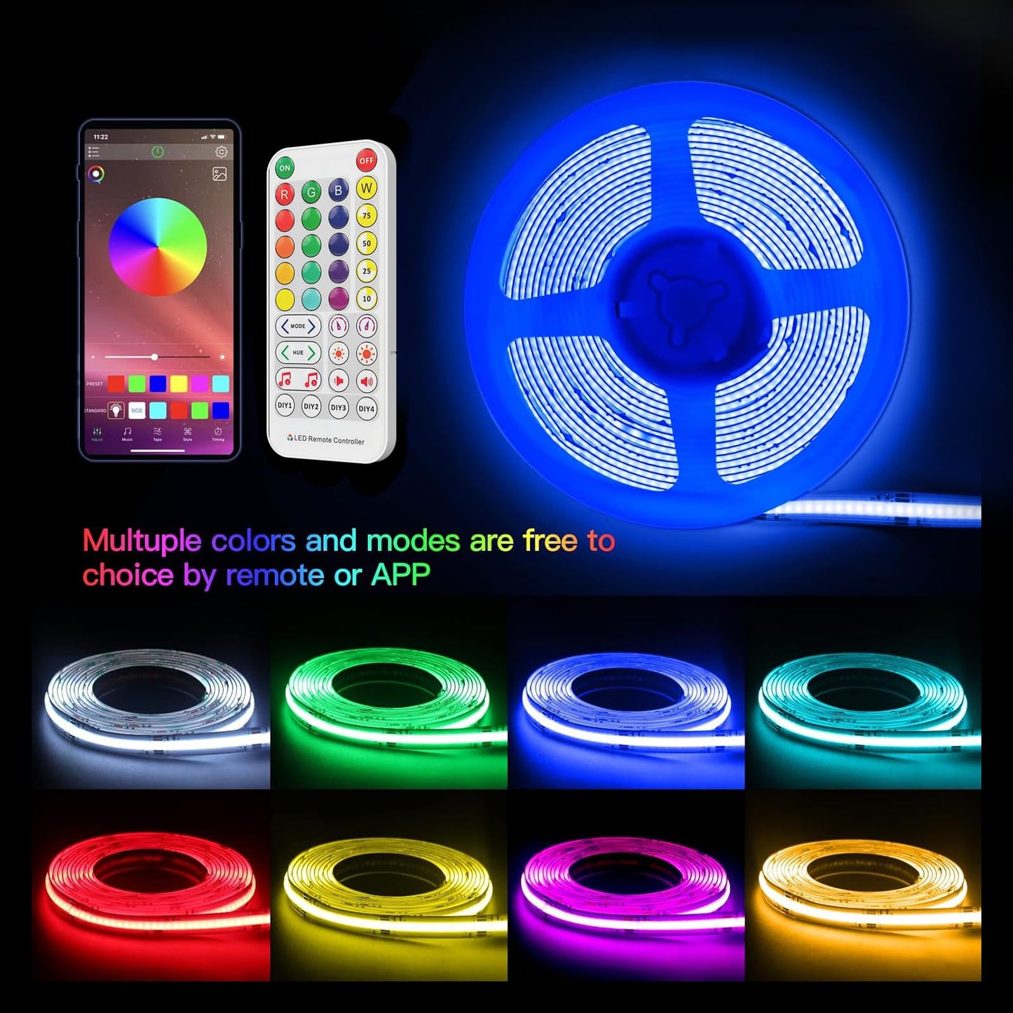 RGB COB Led Strip Kit, 9.8FT Ultra Bright (840LEDs/m) Bluetooth Led Lights with Smart App Control Remote, 24V Music Sync Led Lights, Color Changing