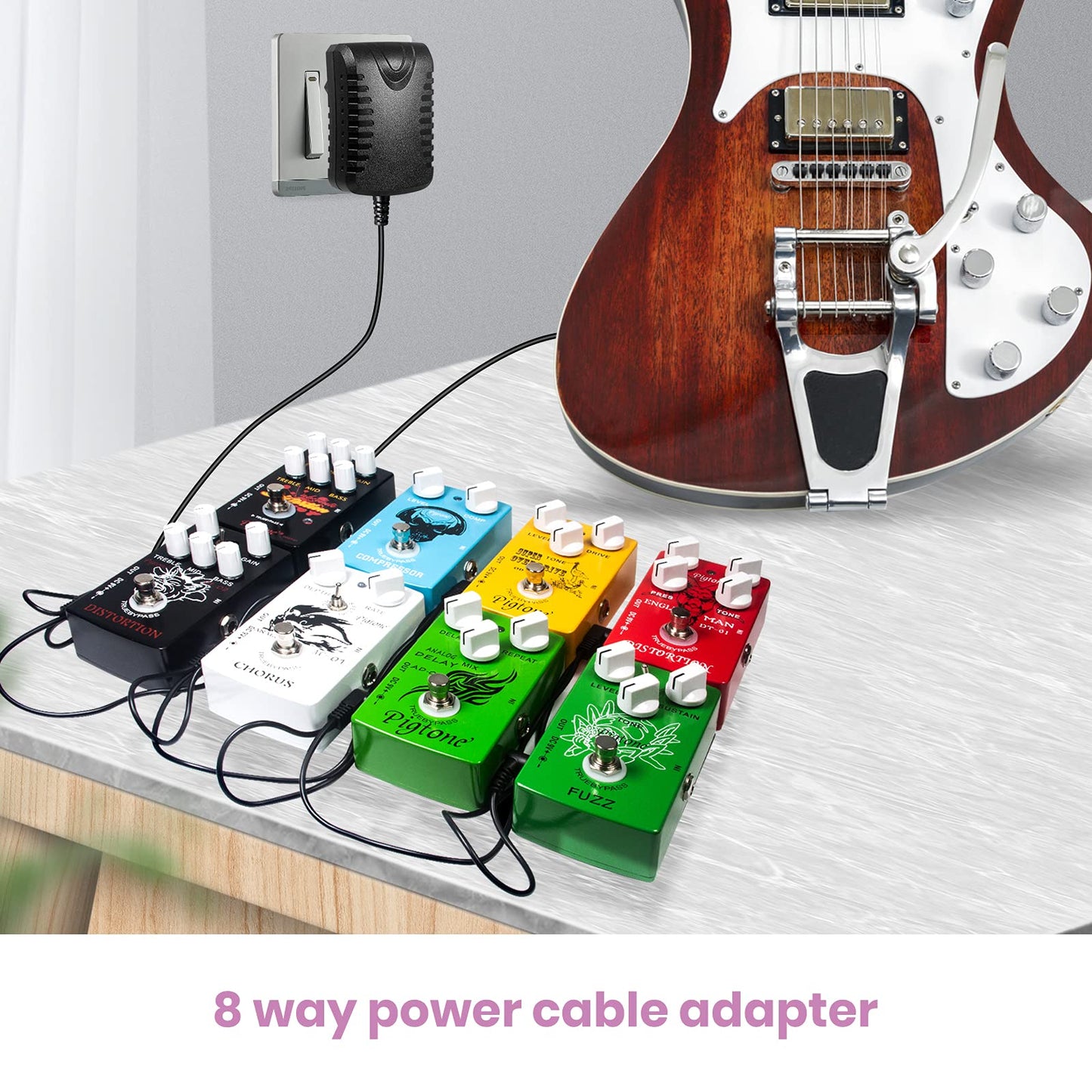 Guitar Effect Pedal Power Supply Adapter with 8 Way Daisy Chain Cables Fit for 9V DC 1A (1000mA)