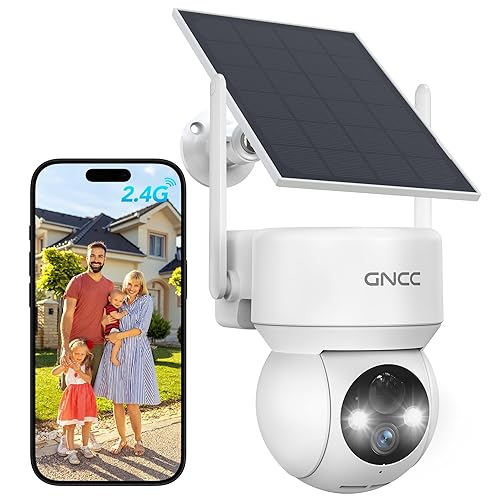 GNCC Solar Security Cameras Wireless Outdoor 2.4G WiFi, 360° View, Solar/Battery Powered, AI Human Detection, Color Night Vision, 2-Way Audio