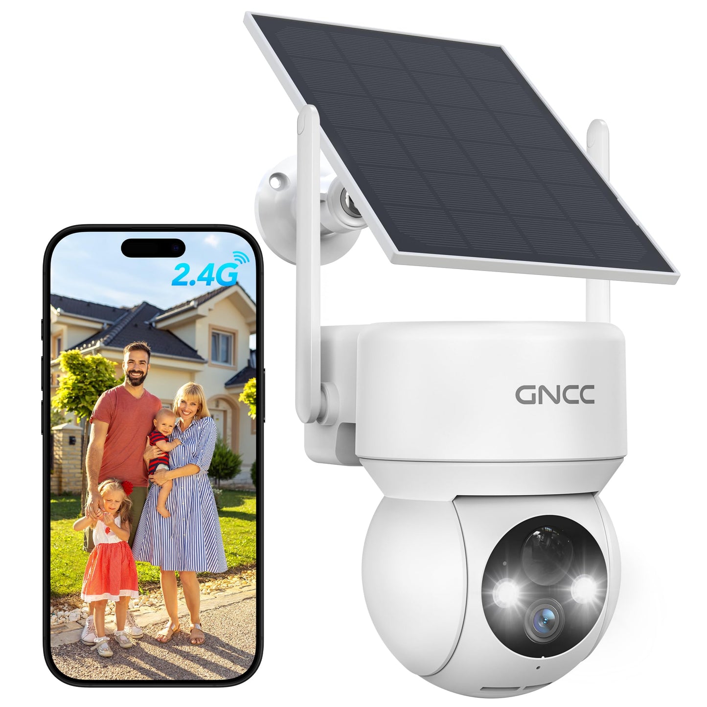 GNCC Solar Security Cameras Wireless Outdoor 2.4G WiFi, 360° View, Solar/Battery Powered, AI Human Detection, Color Night Vision, 2-Way Audio