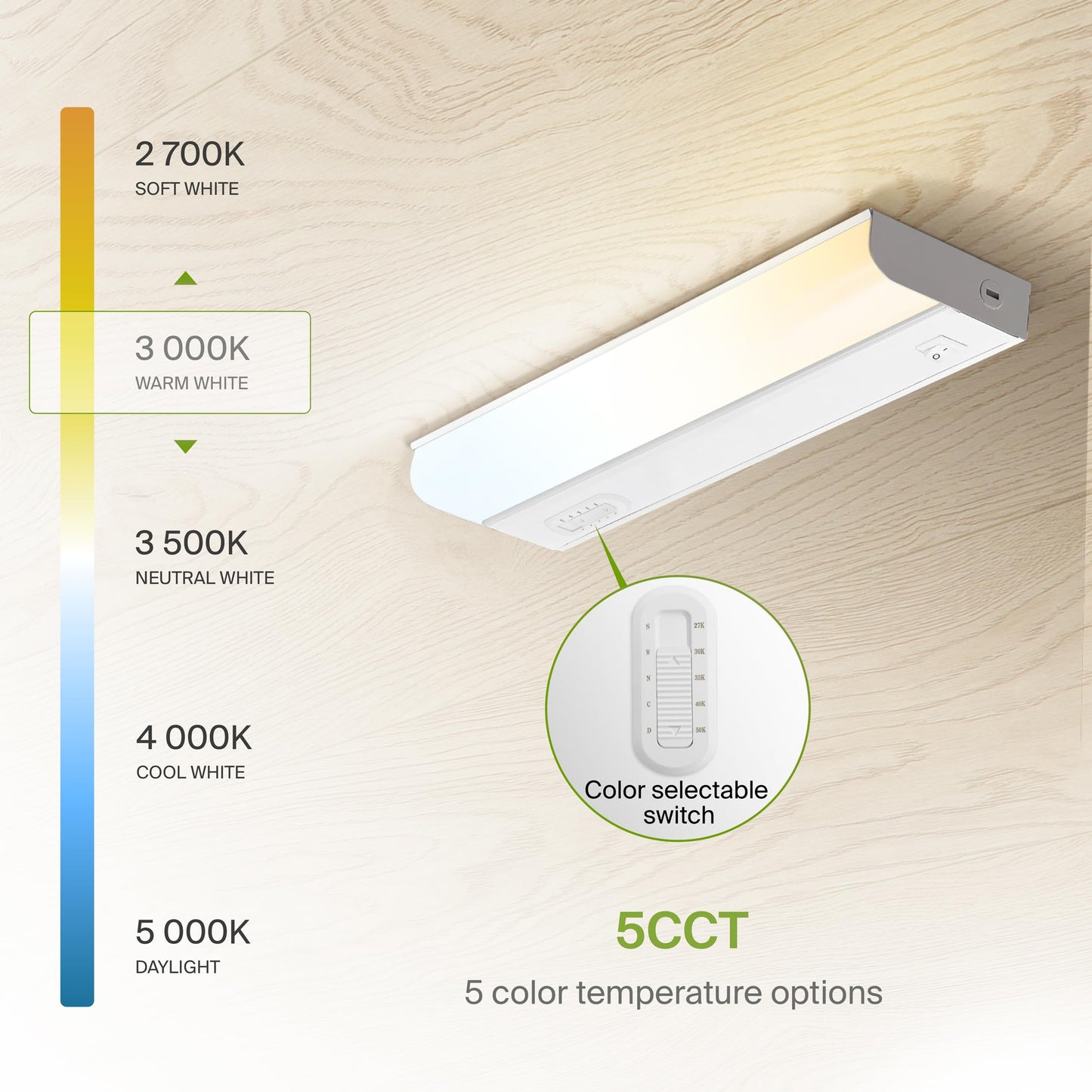 ASD LED Under Cabinet Lighting Hardwired, 12 Inch 5W 2700K-5000K Selectable, 442LM, CRI90+, Direct Wire Linkable Under Counter Lights for Kitchen