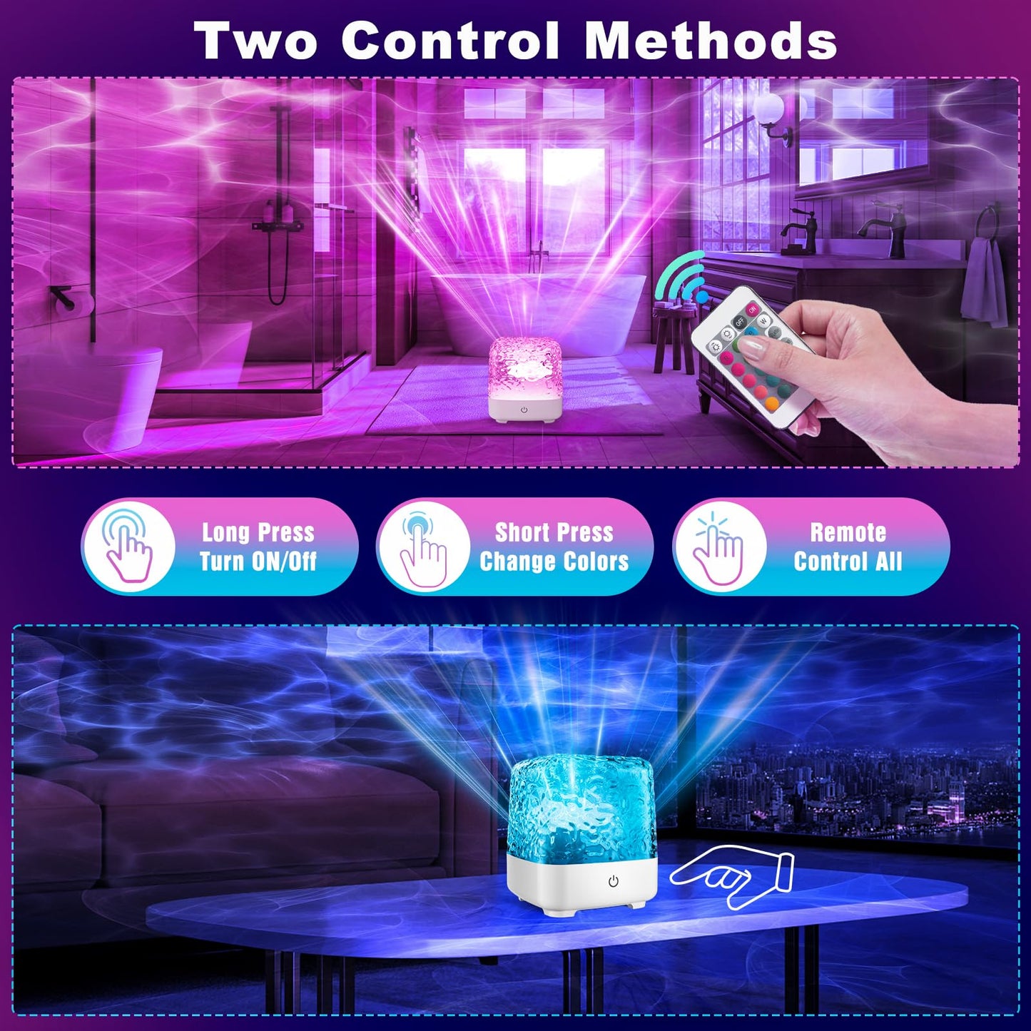Northern Lights Projector, 2000 mAh Wireless 16 Colors Luminorthe Cube Crystal Lamp with Touch/Remote Control, Rechargeable Ocean Wave Night Light