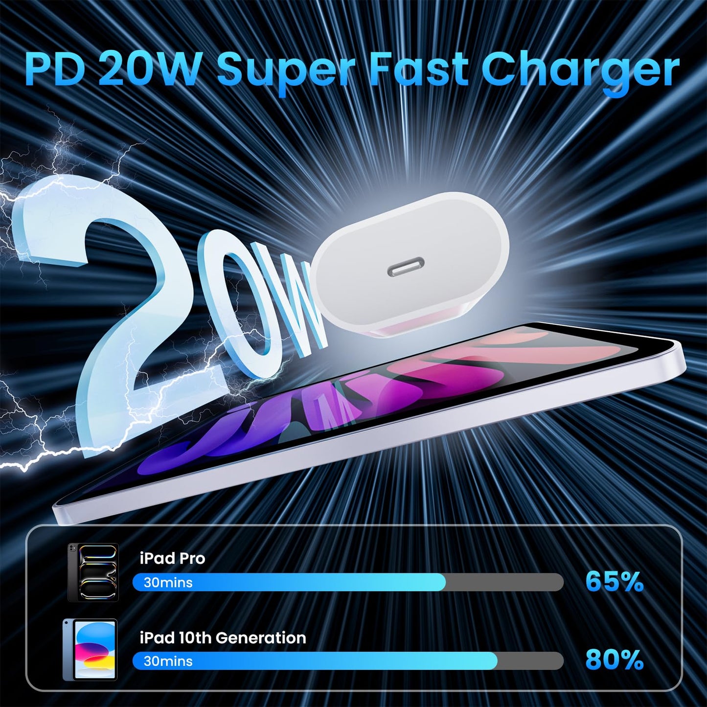 20W USB C Fast Charger for iPad Pro 13/12.9/11 inch 2024/22/21/18, iPad 10th Generation, 2025 iPad 11 inch, iPad Air 11/13 inch/5/4th, iPad mini