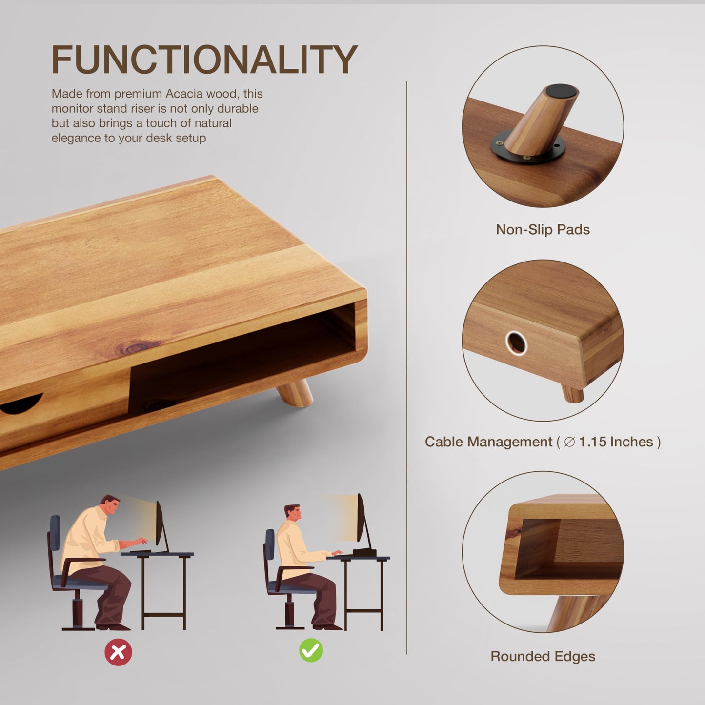 TINAMO Acacia Wood Monitor Stand with Drawer - Wooden Monitor Riser for Desk - Computer Monitor Stand for Desk - Multi-Purpose Desktop Storage Stand