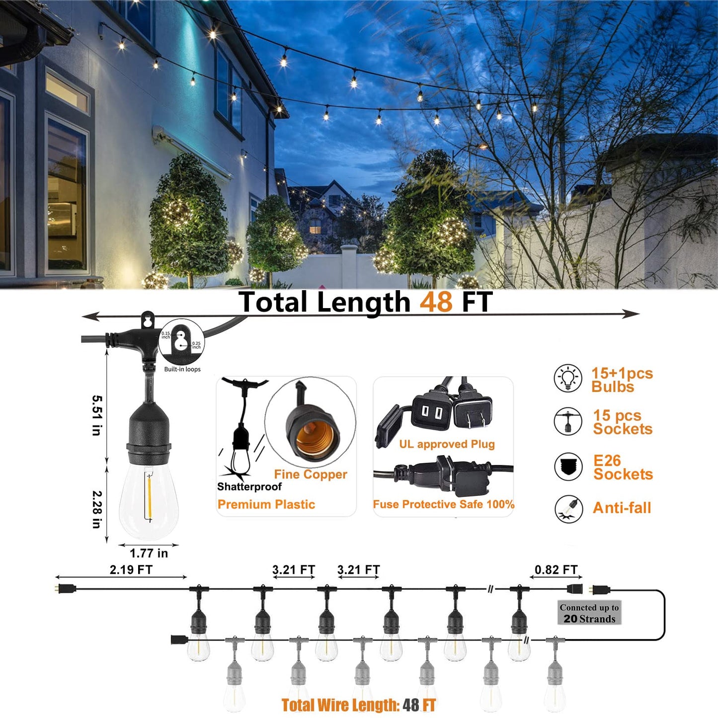 Achin Outdoor String Lights 48FT Dimmable Warm 2200K LED Patio Lights Outdoor Waterproof with 16 Plastic Bulbs Shatterproof String Lights for Outside