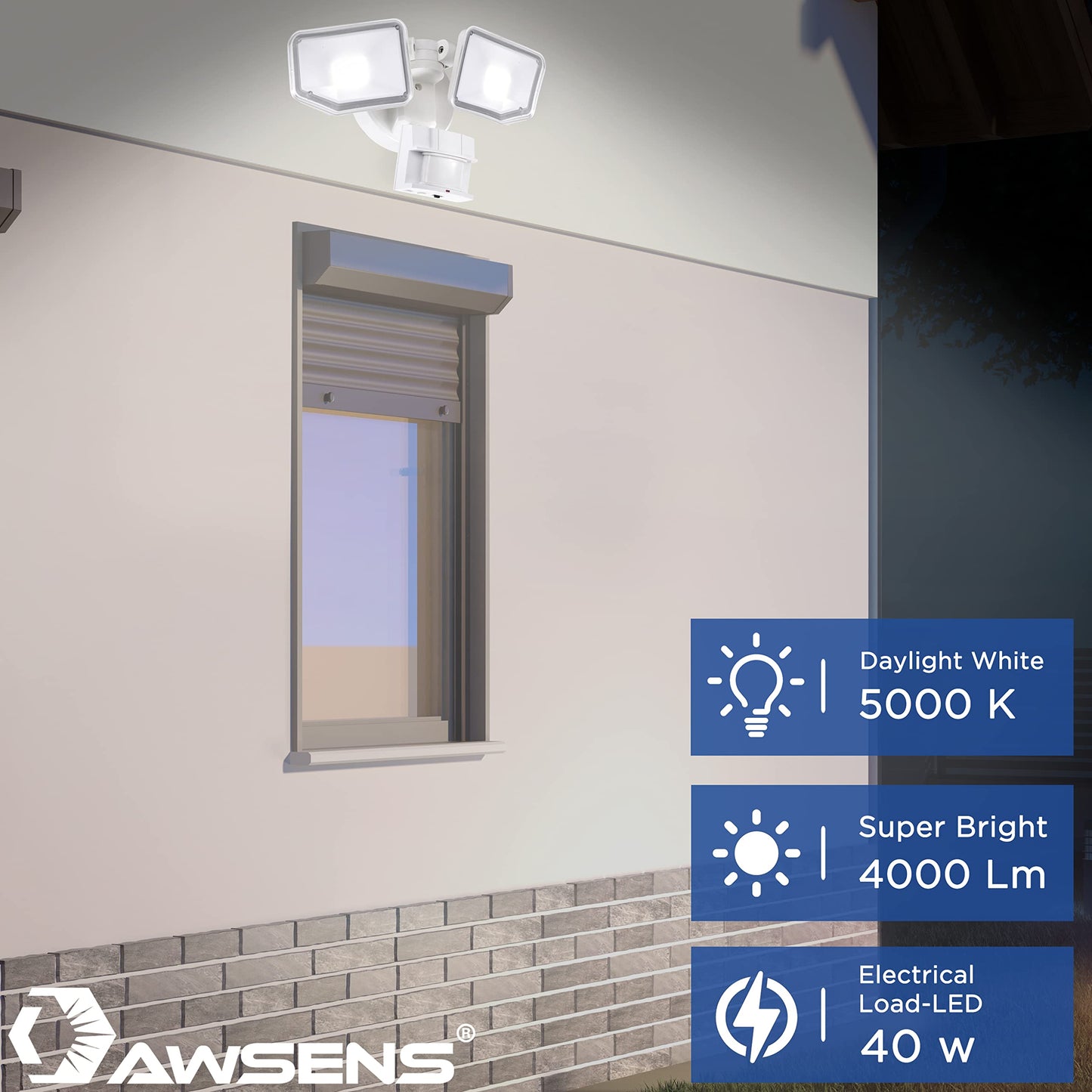 AWSENS 40W LED Security Lights Motion Sensor Light Outdoor, 180 Degree, 4000 LM, 5000 K, ETL Water Resistant, Clear 2 Head Motion Detector Flood Light