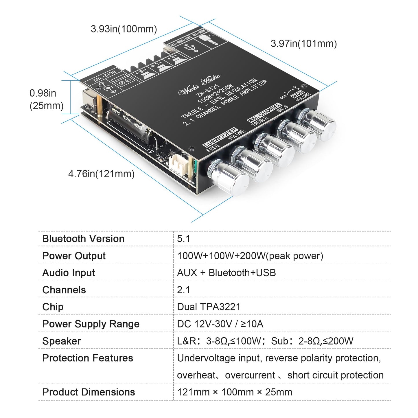 ZK-ST21 100Wx2+200W 2.1Channel Bluetooth Amplifier Board with Subwoofer, TPA3221 Chip, Bass/Treble Control, Bluetooth/AUX/USB Input, 12-30V Wide