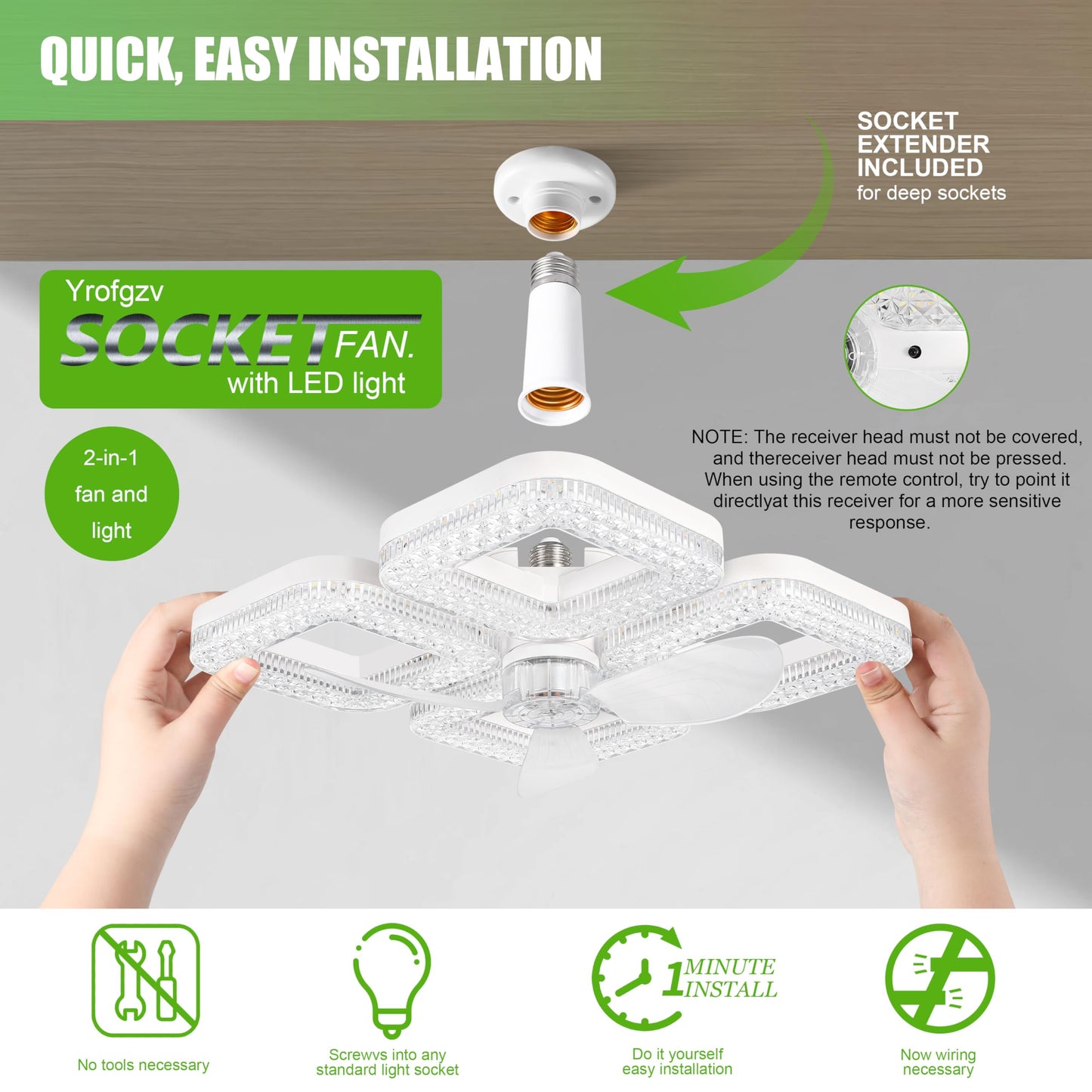 Yrofgzv Socket Ceiling Fan Light with Remote & Extender, 3 Wind Speeds, 2/4H Timer, 3000K-6500K Color Temperature, Ceiling Fan Lamp for Living Room