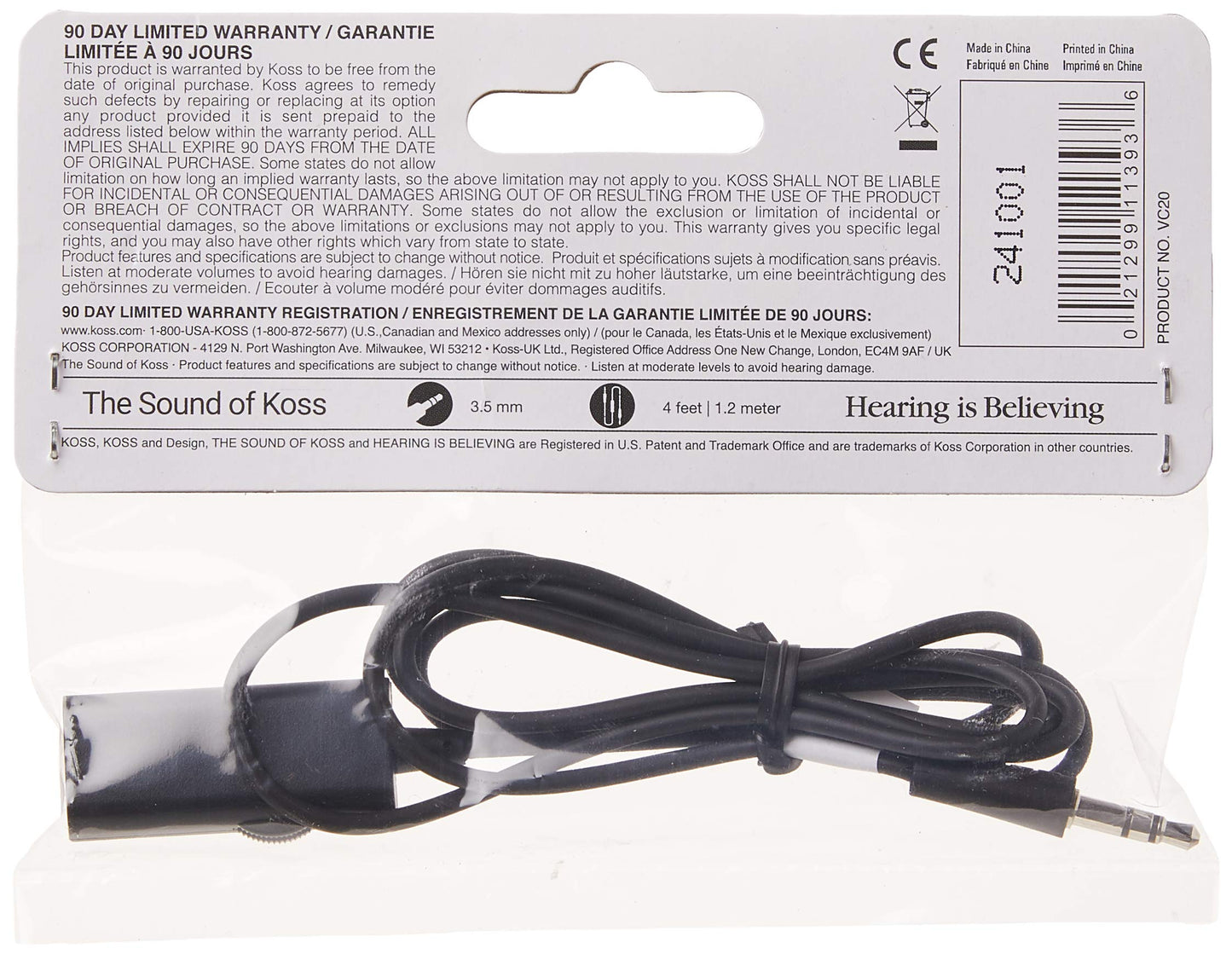 Koss 155954 VC20 Volume Control, Standard Packaging, 39-Inch Cord, Compatible with Cell Phones and Headphones