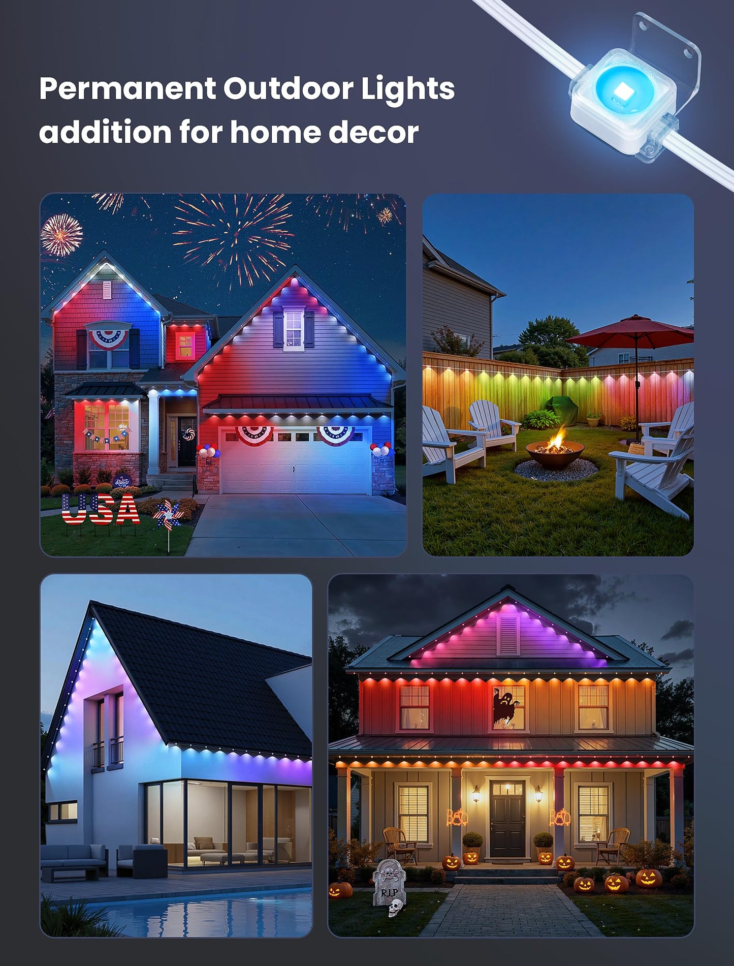 Qunlight Permanent Lights Outdoor,Smart RGB LED Lights with 66 Scene Modes,50FT LED Eaves Lights IP67 Waterproof,Color Changing String LED Lights