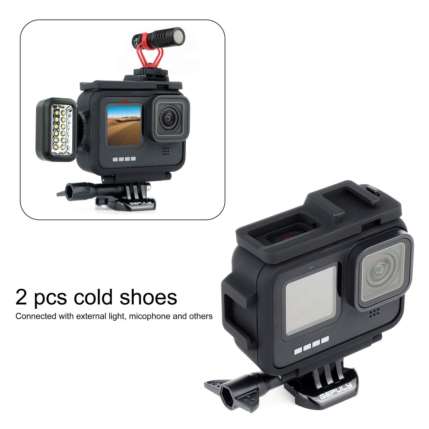 GEPULY Frame Mount Housing Protective Case for GoPro Hero 9 10 11 12 13 Black, Built-in Dual Cold Shoe Slot, Vlog Cage Case, Quick Release Buckle