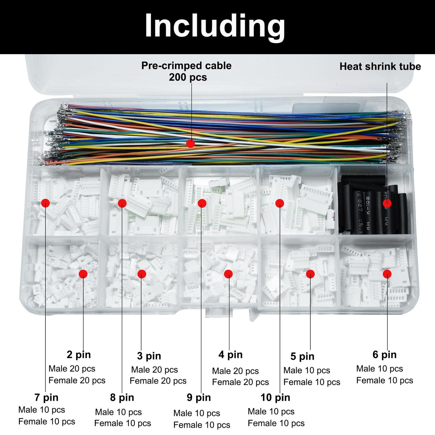 Kuosbiu JST MX 1.25MM Connector Kit,2/3/4/5/6/7/8/9/10 Pin Male and Female Micro Wire Connectors Kit with 28AWG Premium Pre-Crimped Cables