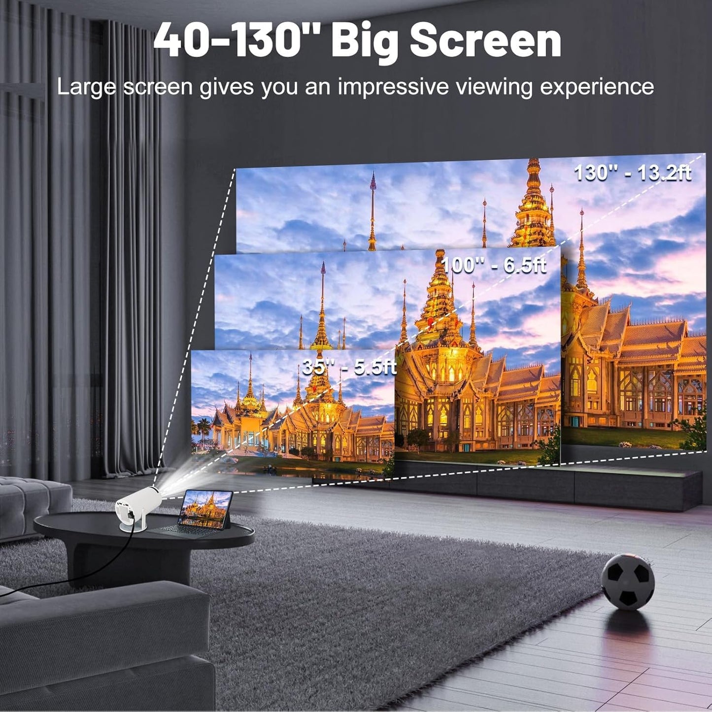 FEARWIKY Mini Projector with 5G WIFI and Bluetooth, 4K 1080P Support Portable Projector 180° Rotatable 130'' Screen Movie Projector Auto Keystone