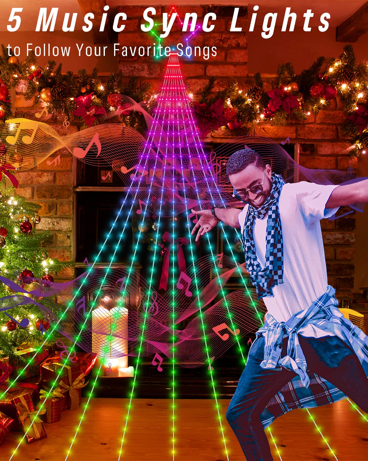 Outdoor Christmas Decorations Lights with Star, Smart DIY Custom Display 11.8Ft 100 Modes Yard Waterfall Tree String Lights, App Control 344LED RGB