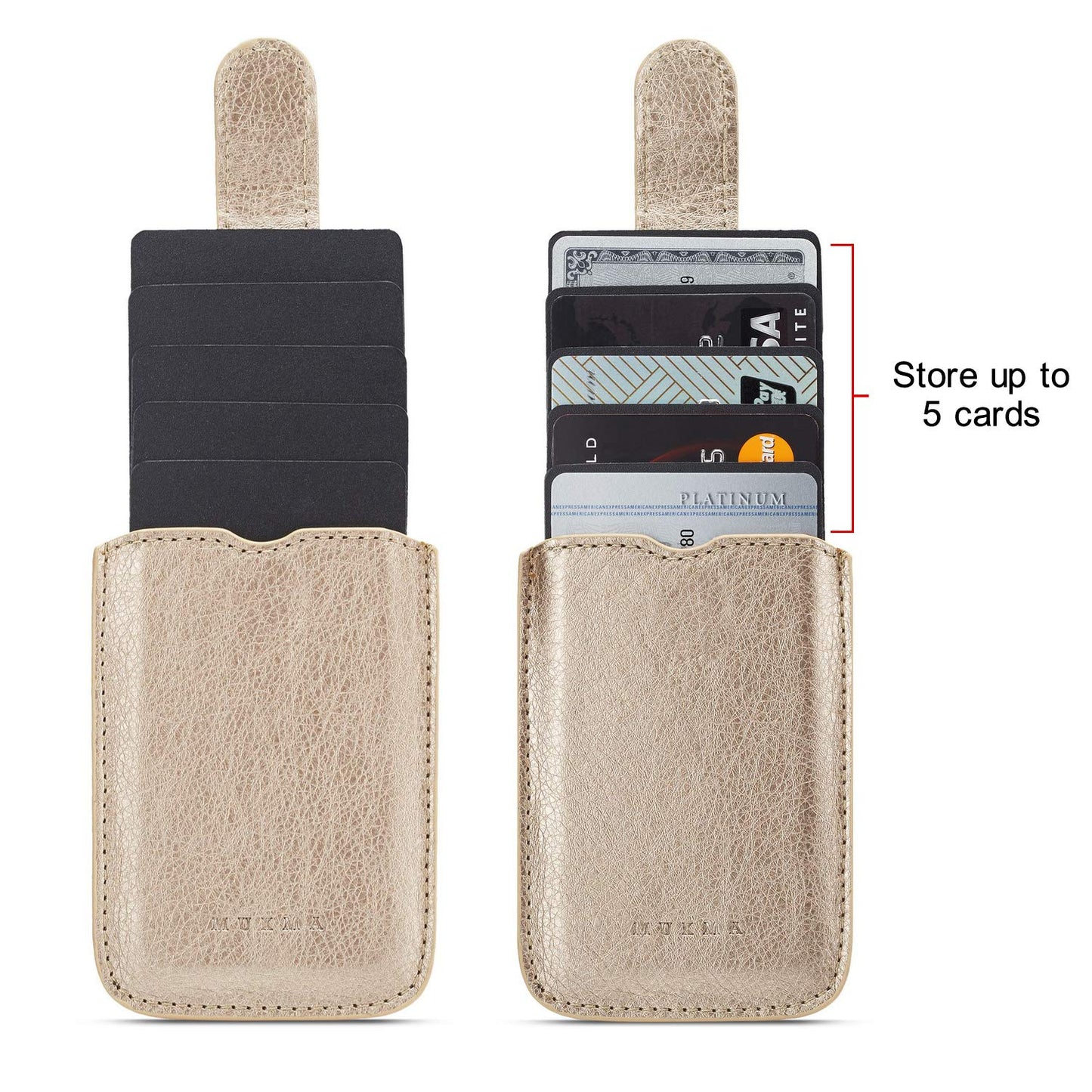 MUMUGUO Card Holder for Back of Phone,Pu Leather RFID Blocking 5 Pull Credit Card Cash Cell Phone Wallet Pocket Stick on Back iPhone(Gold)