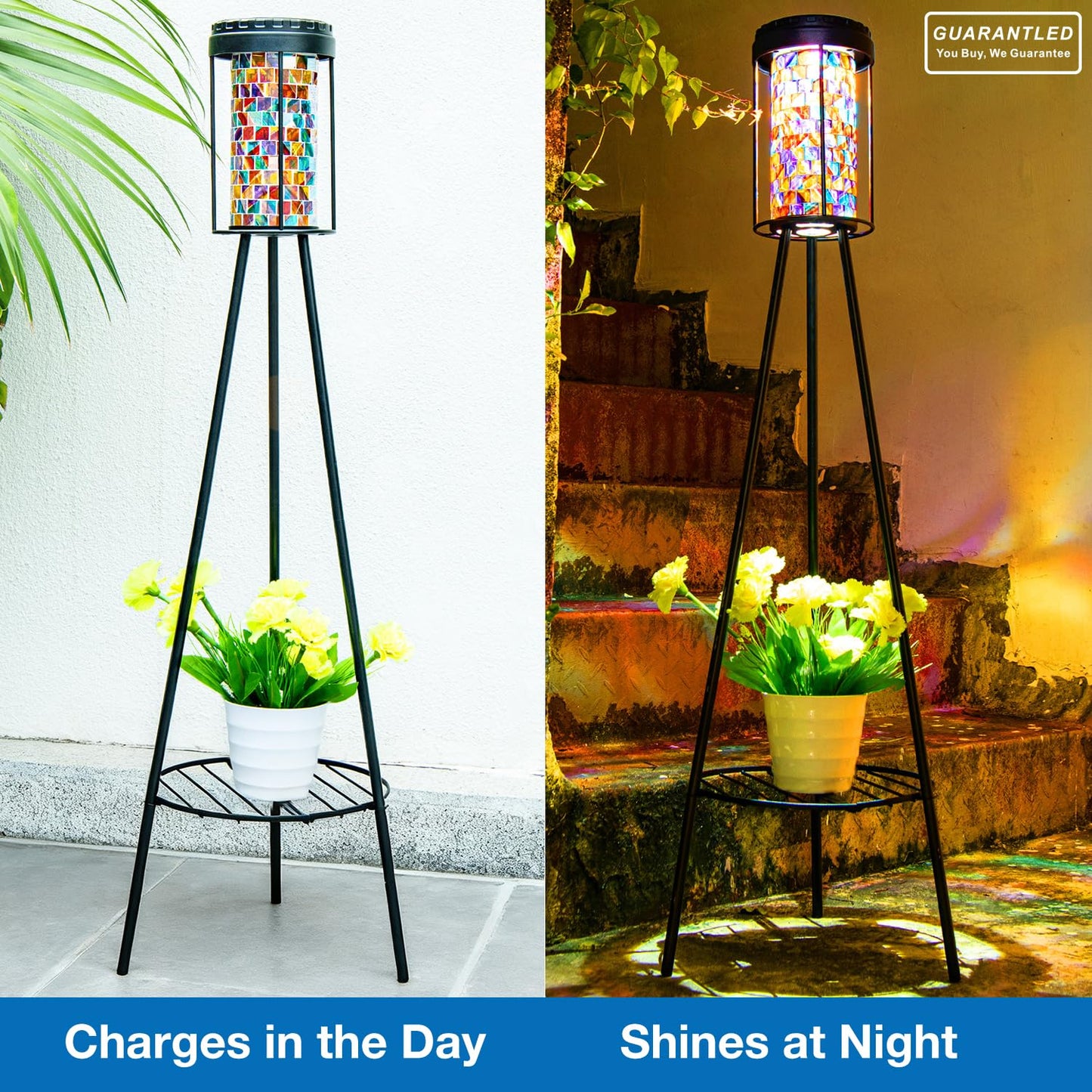 Outdoor Lamps for Patio, Outdoor Floor Lamp with Plant Stand, Solar Powered RGB Lights, Waterproof Standing Lamp for Garden Yard Décor, Stained Glass