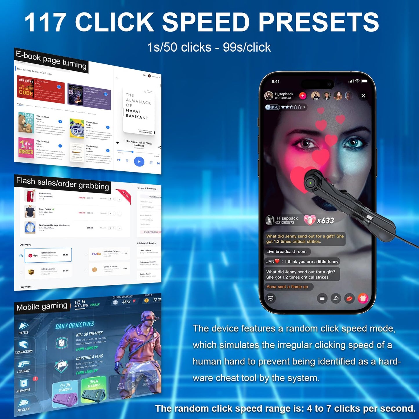 Smartphone Auto Clicker: 117 Adjustable Speeds | Fast Click | Random Speed Mode | Completely Silent | for TikTok Live Likes, Mobile Gaming, Lightning