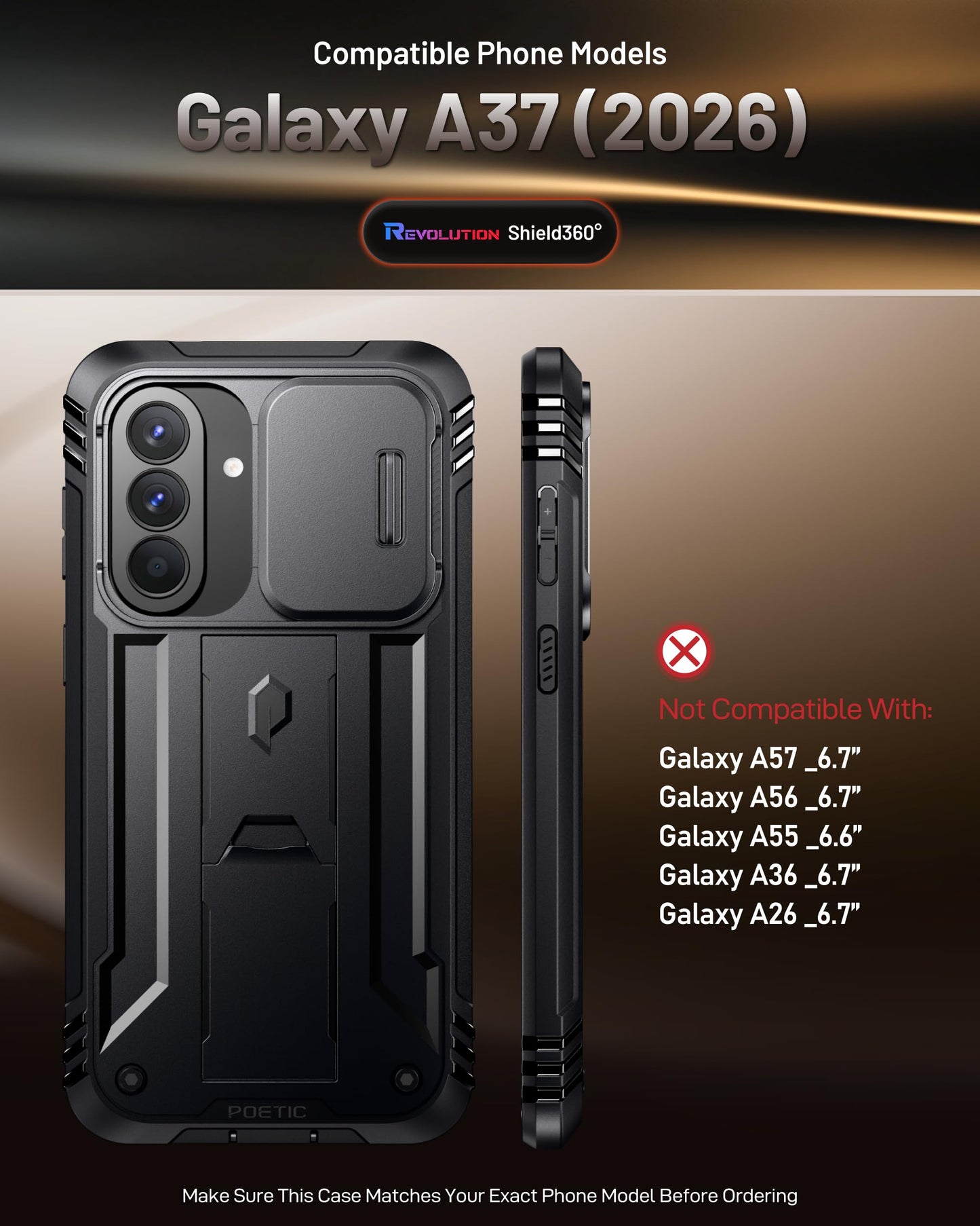 Poetic Revolution Case for Samsung Galaxy A37, | Slide Camera Cover | Tempered Glass Screen Protector | 20FT Mil-Grade Drop Tested | Full-Body Rugged