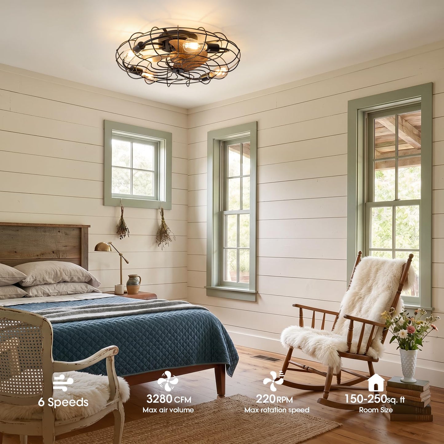 Kaullyzu Caged Ceiling Fan with Light and Remote, 24" Farmhouse Low Profile Ceiling Fan with Lights, Quiet Reversible DC Motor, 6-Speed Enclosed
