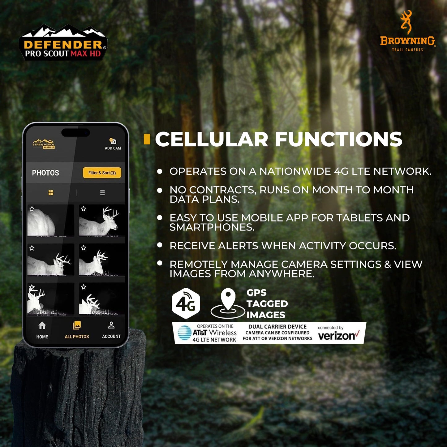 Browning Defender Pro Scout Max HD 24MP Dual SIM Cellular Trail Camera - Ultra High Gain Antenna, Smart Infrared Video, 100' Detection Range