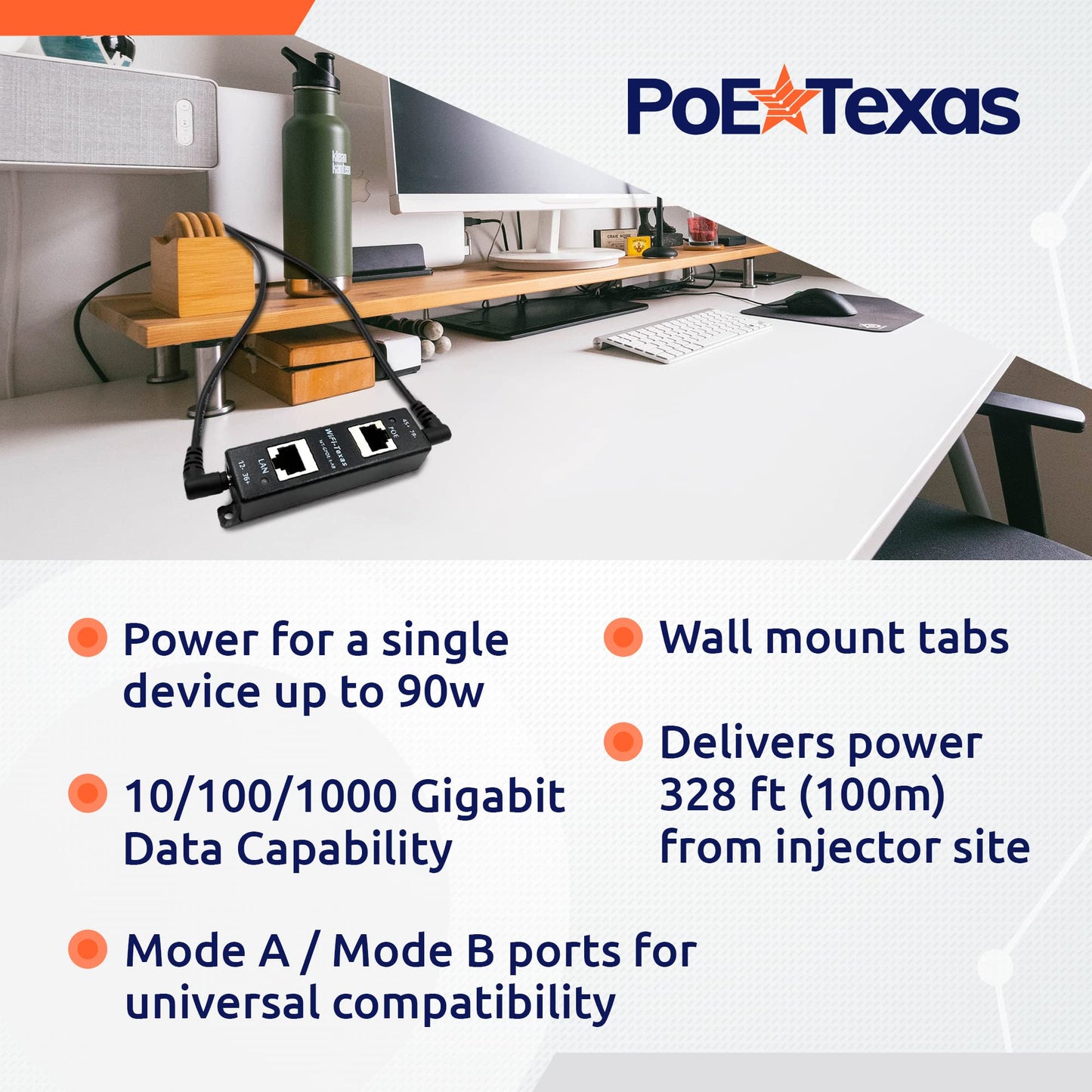 Poe Texas PoE Injector - Single Port 4 Pair PoE+ Injector/Splitter - Power Over Ethernet Passive PoE Adapter for 802.3af / PoE+ / PoE++ 10/100/1000