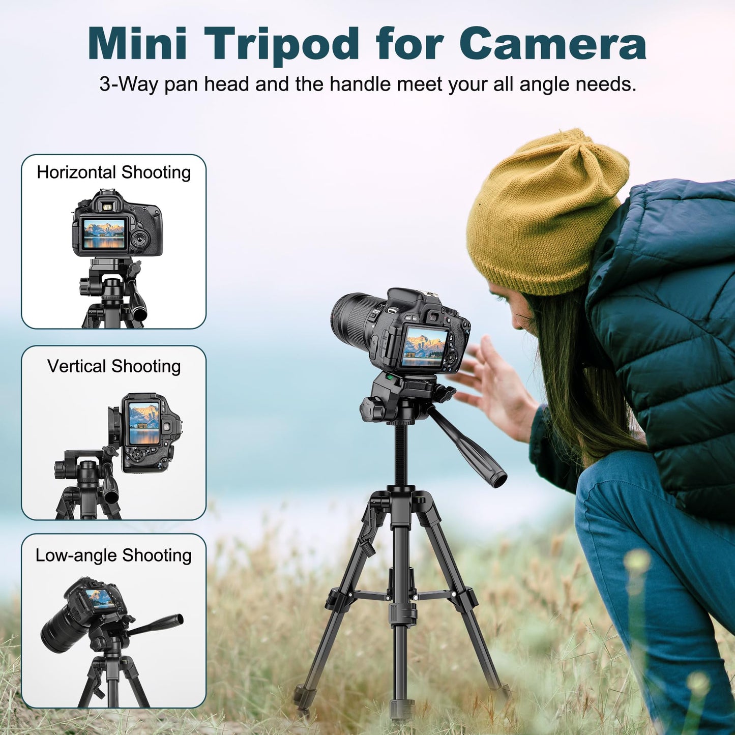 JOILCAN Mini Tripod for Camera, 25" Tabletop Camera Tripod, Portable Travel Tripod with Phone/Tablet Holder, Lightweight Aluminum Tripods for DSLR