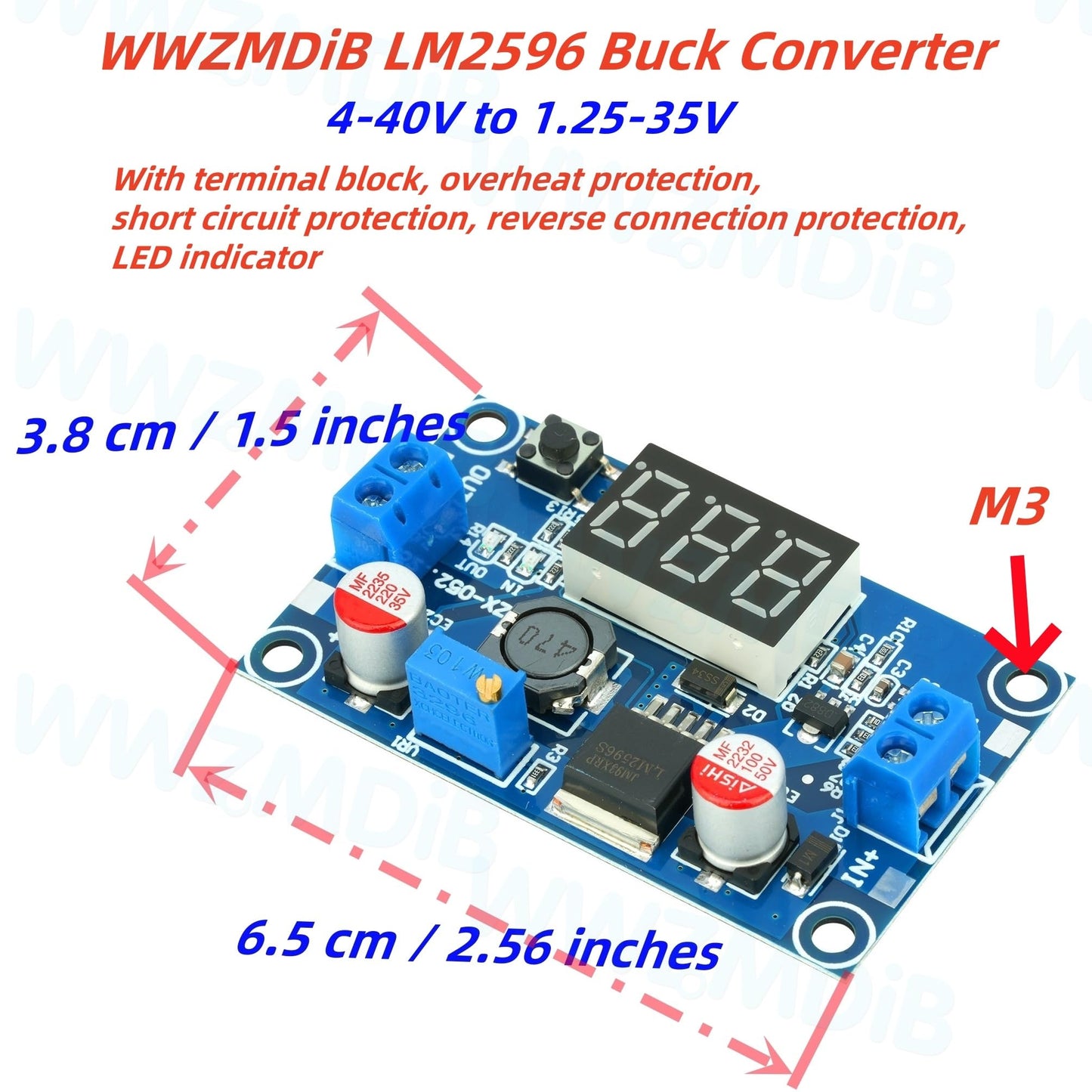 WWZMDiB 3 Pcs LM2596 DC to DC Buck Converter LED Indicator Display 4-40V to 1.25-35V Power Supply Step Down Module (3 Pcs)