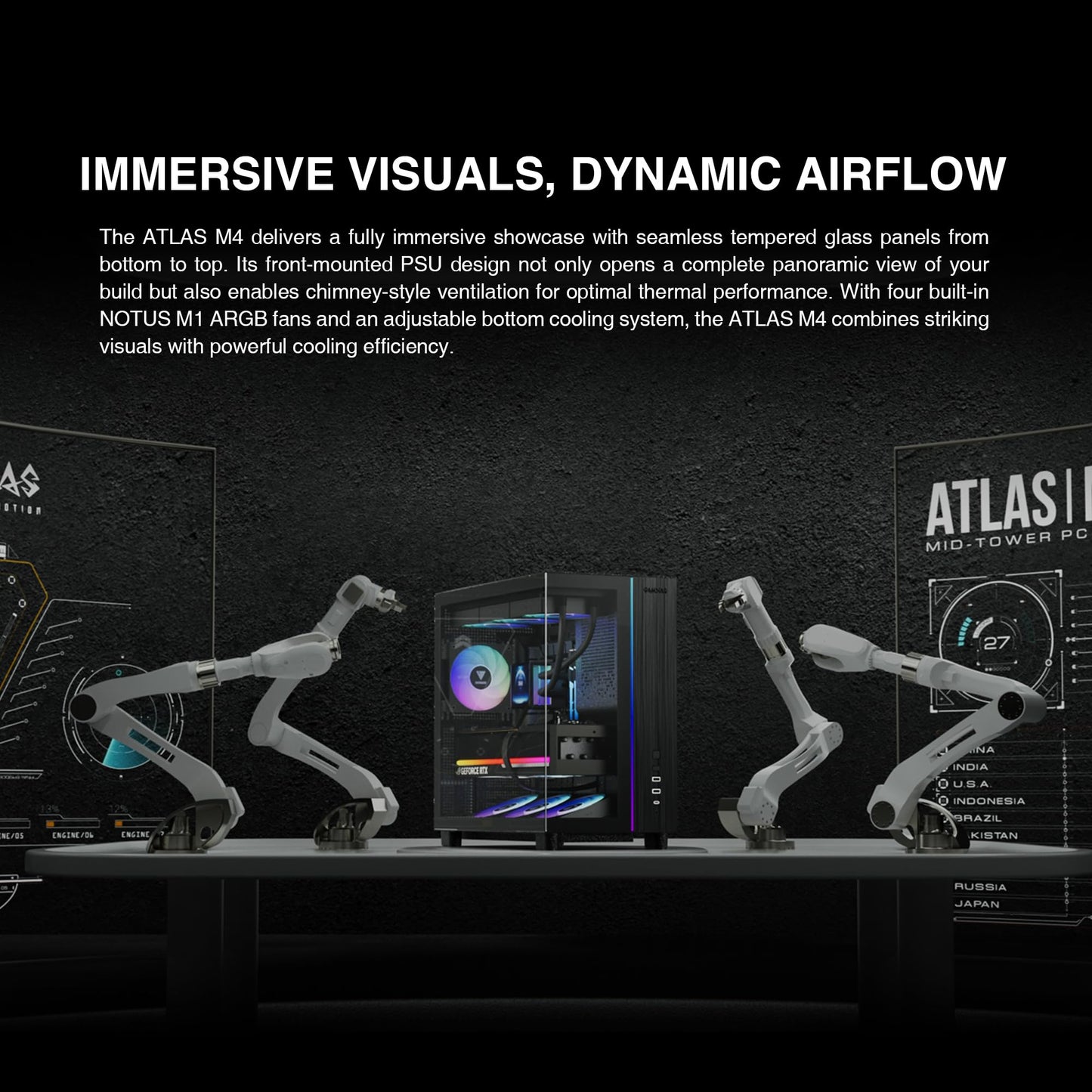 Gamdias Atlas M4 Mid-Tower Gaming PC Case, Mini-ITX, Micro-ATX, and ATX, 4x120mm PWM ARGB Fans, Adjustable Angle Lower Fan Mount, Front-Mounted PSU
