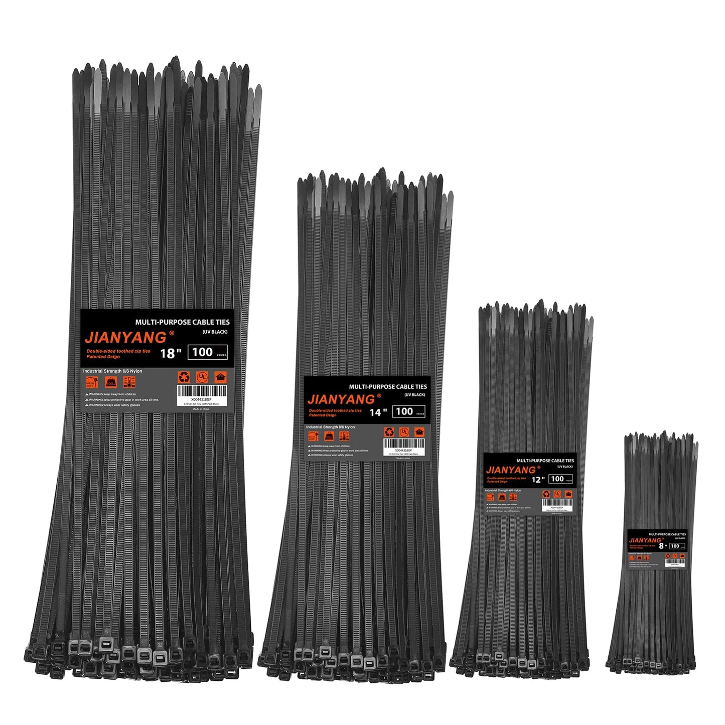 Zip Ties Assorted Size,8+12+14+18 Inch Double Sided Toothed,100 LBS Tensile Strength Heavy Duty Cable Wire Ties With Self-Locking Adjustable More