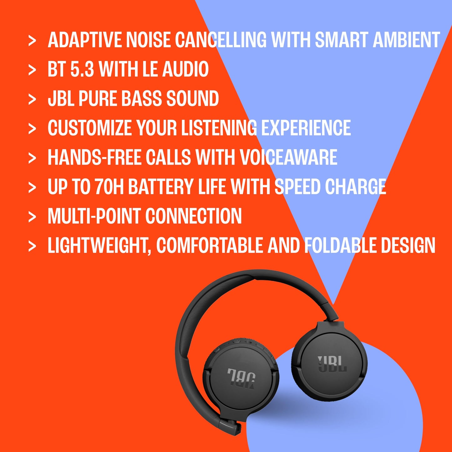 JBL Tune 670NC - Adaptive Noise Cancelling with Smart Ambient Wireless On-Ear Headphones, Up to 70H Battery Life with Speed Charge, Lightweight