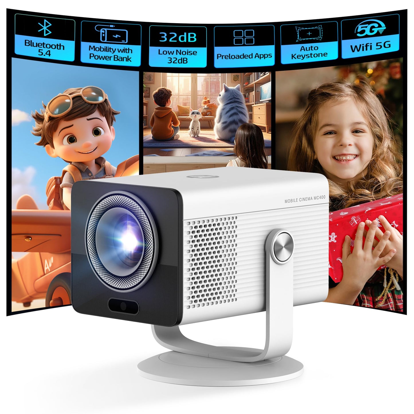 HP MC400 Mini Portable Smart Projector with WiFi and Bluetooth, Short Throw 4K Support & 1080P, Wireless Screen Mirroring, Built-in App & Speaker