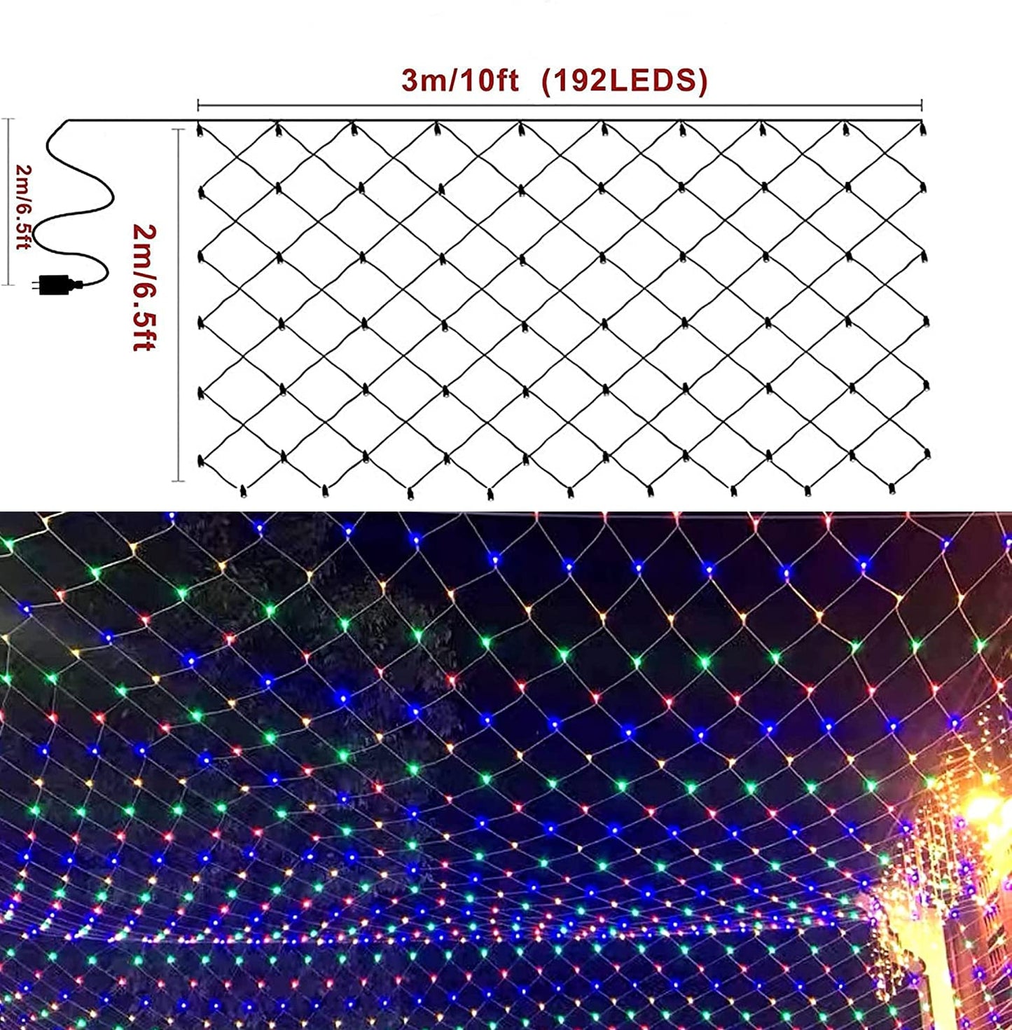 oopswow Garden Net String Lights, Outdoor 192LED 9.8ft x 6.6ft Multicolor Fairy Lights with 8 Modes, Waterproof for Patio, Tree, Fence, Wall, Lawn