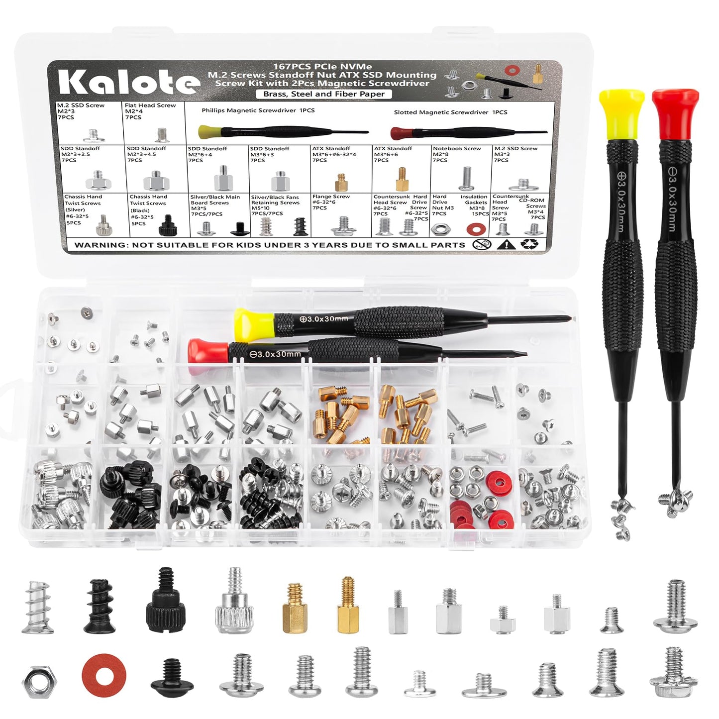 Kalote 167PCS Computer Screw Kit, Carbon Steel Nickel-Plated Laptop PC Screws Assortment with M.2 SSD Screws, Motherboard Standoffs, HDD Case Fan
