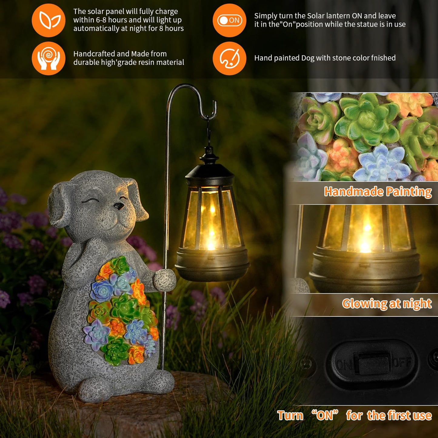 Solar Dog Garden Statue with Lantern - Waterproof Resin Outdoor Decor for Yard, Lawn, Flower Bed, Backyard, Front Yard, Patio, Balcony - Gift for Dog
