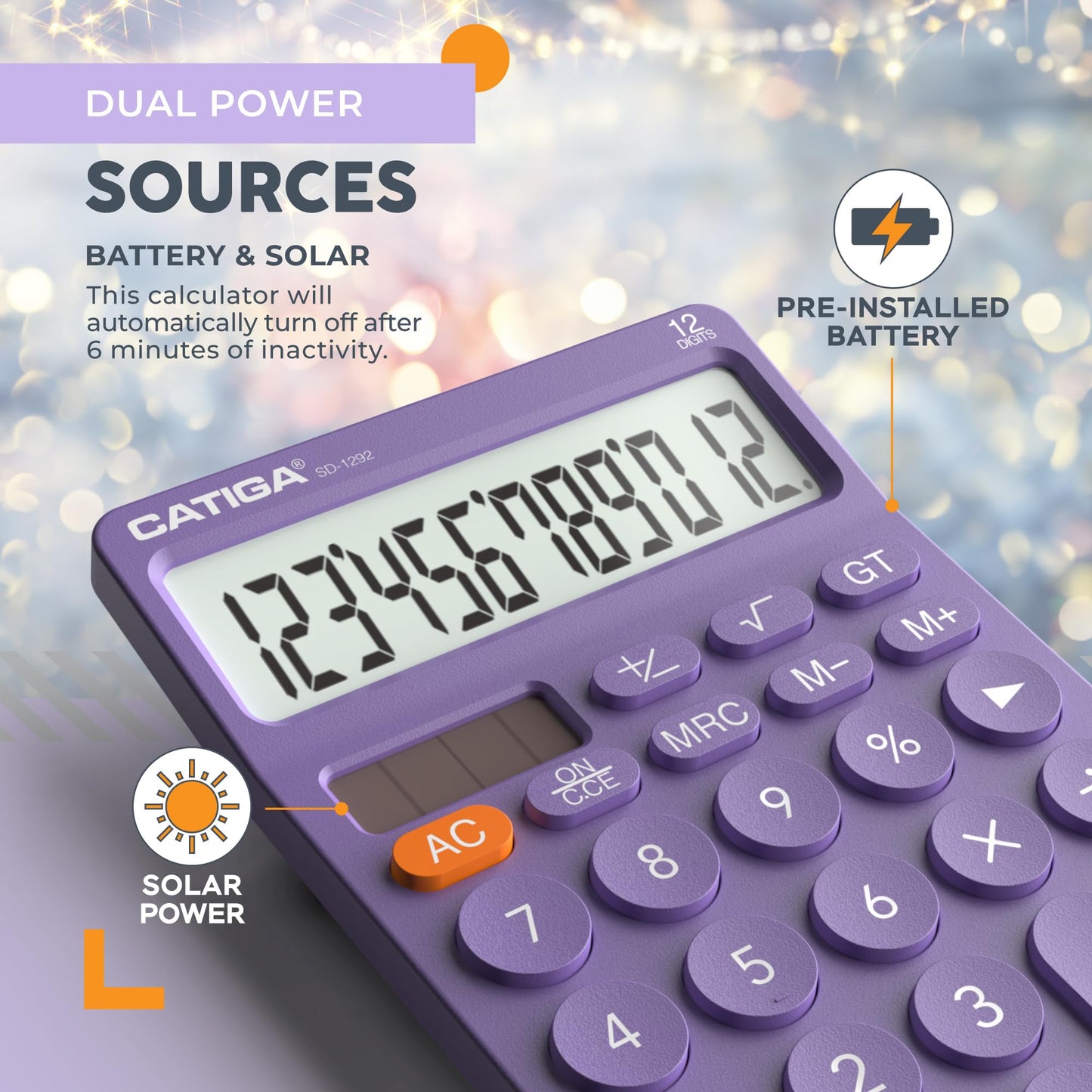 CATIGA 12 Digit Desktop Calculator Basic Desk Calculator with Large LCD Display, Big Buttons, 4 Function, Solar and Battery Dual Power, for Office