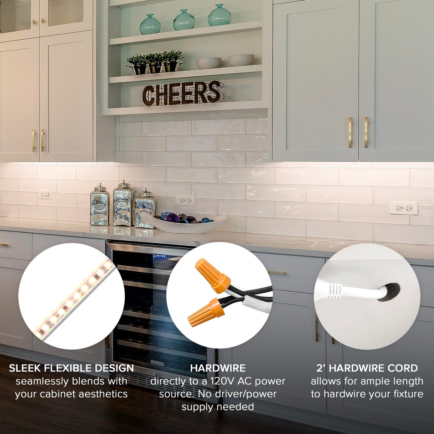 Maxxima 24 in. Hardwired LED Under Cabinet Strip Light, 920 Lumens, 3000K Warm White, Kitchen and Living Room 120V White Cove Lighting, No Power