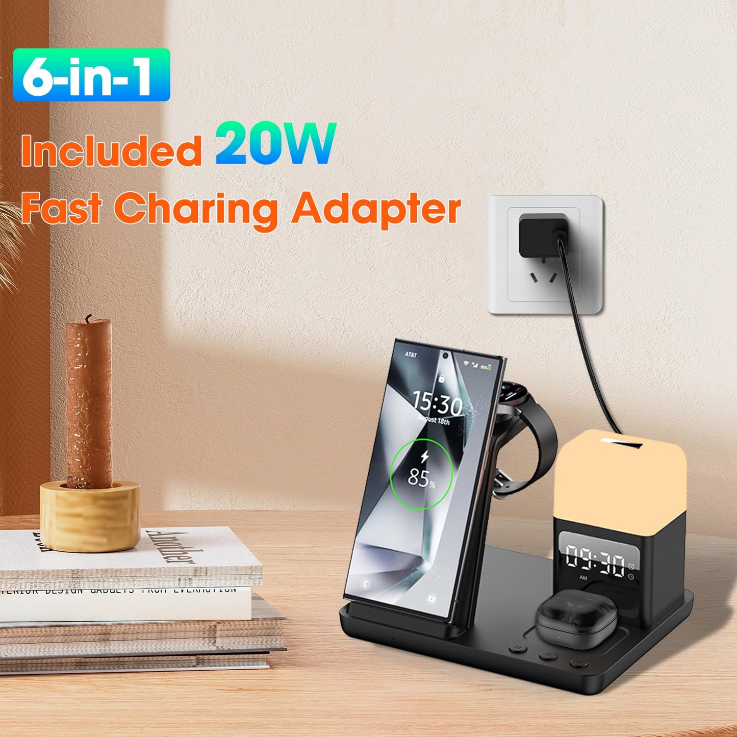 Wireless Charger for Samsung/Android Charging Station, 6 in 1 Fast Watch Charger with Alarm Clock-Night Light, Compatible for Galaxy S25 Ultra/S24