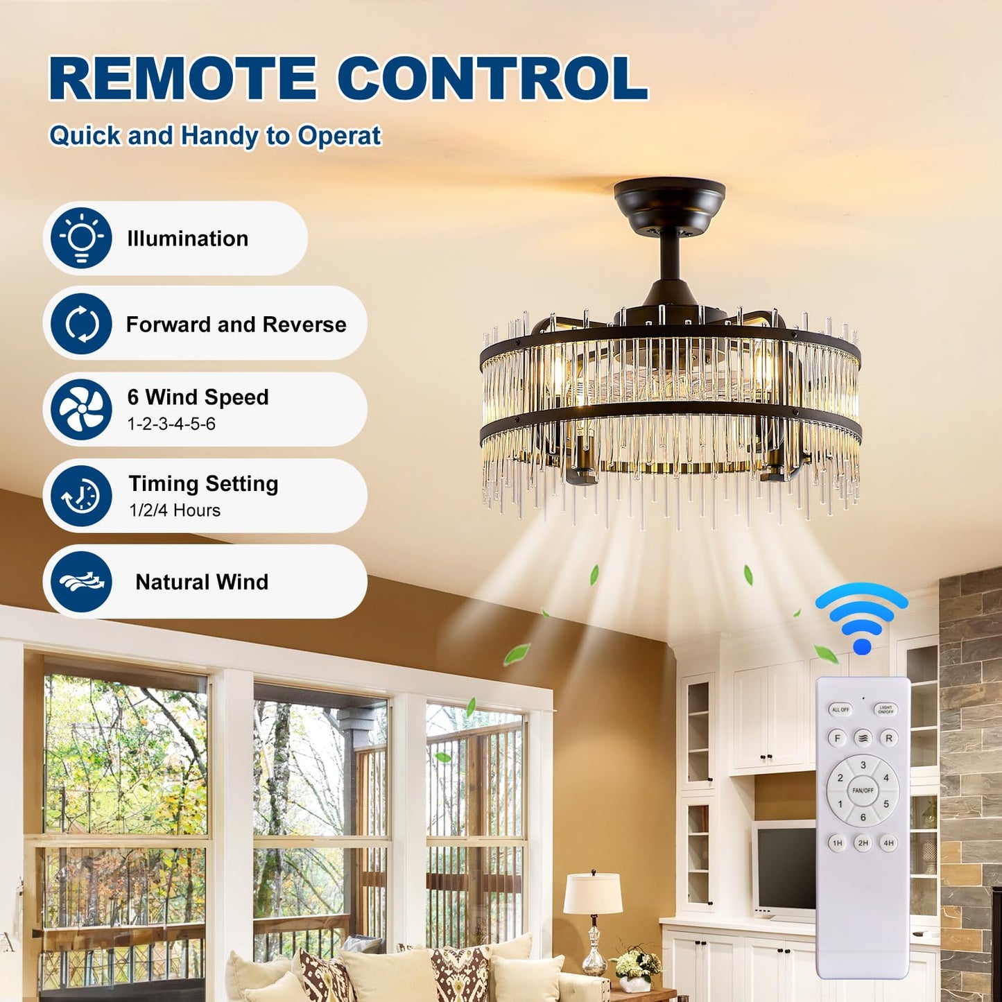 HSMKL Black Crystal Fandelier Ceiling Fan with Light, 19.7 Inch Bladeless Enclosed Fan Chandelier, 6 Speed Quiet DC Motor with Remote/APP Control,