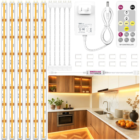 EMITEVER Under Cabinet Lighting kit, 6 PCS COB LED Strip Lights 3000K Warm White, UL Listed Dimmable Led Lights Strip for Kitchen Cabinet, Counter
