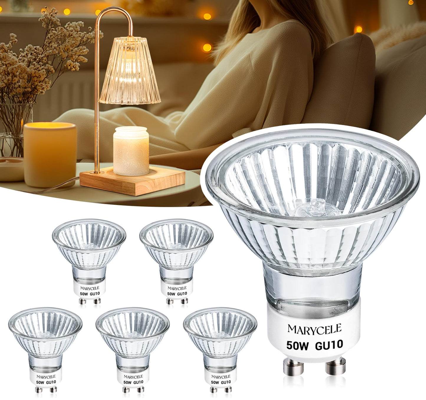 Marycele Halogen Light Bulbs for Candle Warmer Lamp, 6 Pack GU10 120V 50W MR16 Dimmable Warm Light Halogen Bulbs 2 Pin with Long Lifespan, Candle