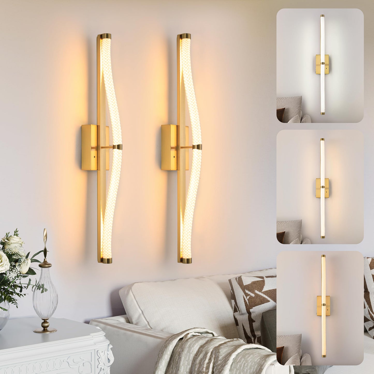 Lanxithen Gold Battery Operated Wall Sconces Set of 2, Rechargeable Wall Sconce with Remote, 3 Color Dimmable Sconces Wall Lighting, Wireless Wall