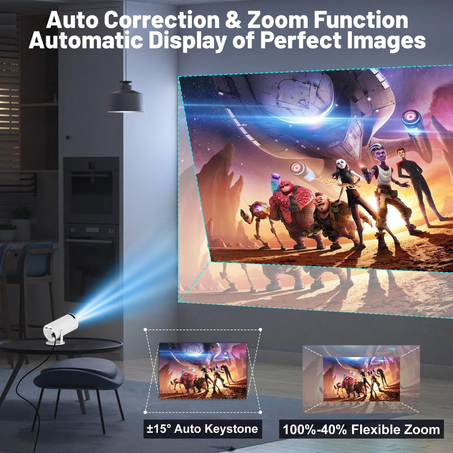 Mini Projector with WIFI 6 and Bluetooth, 4K 1080P Support Portable Projector 180° Rotatable 130'' Screen Movie Projector Auto Keystone Compatible