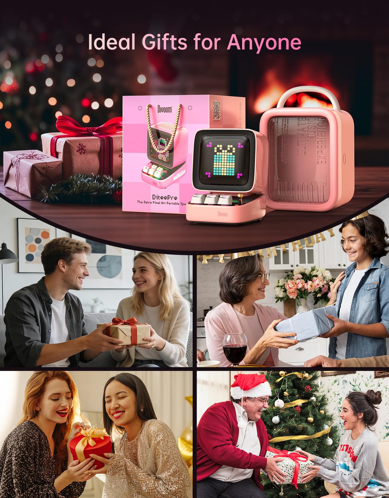 Divoom Ditoo Retro Pixel Art Game Bluetooth Speaker with 16X16 LED App Controlled Front Screen (Pink)